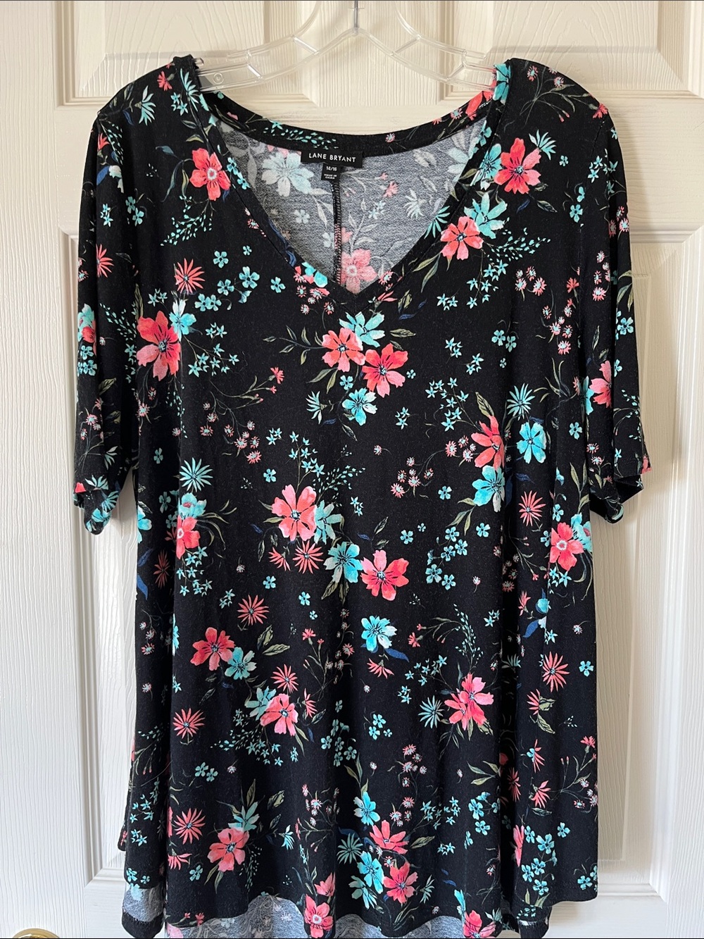 Lane Bryant Black V-Neck Tee with Pink & Teal Floral Print